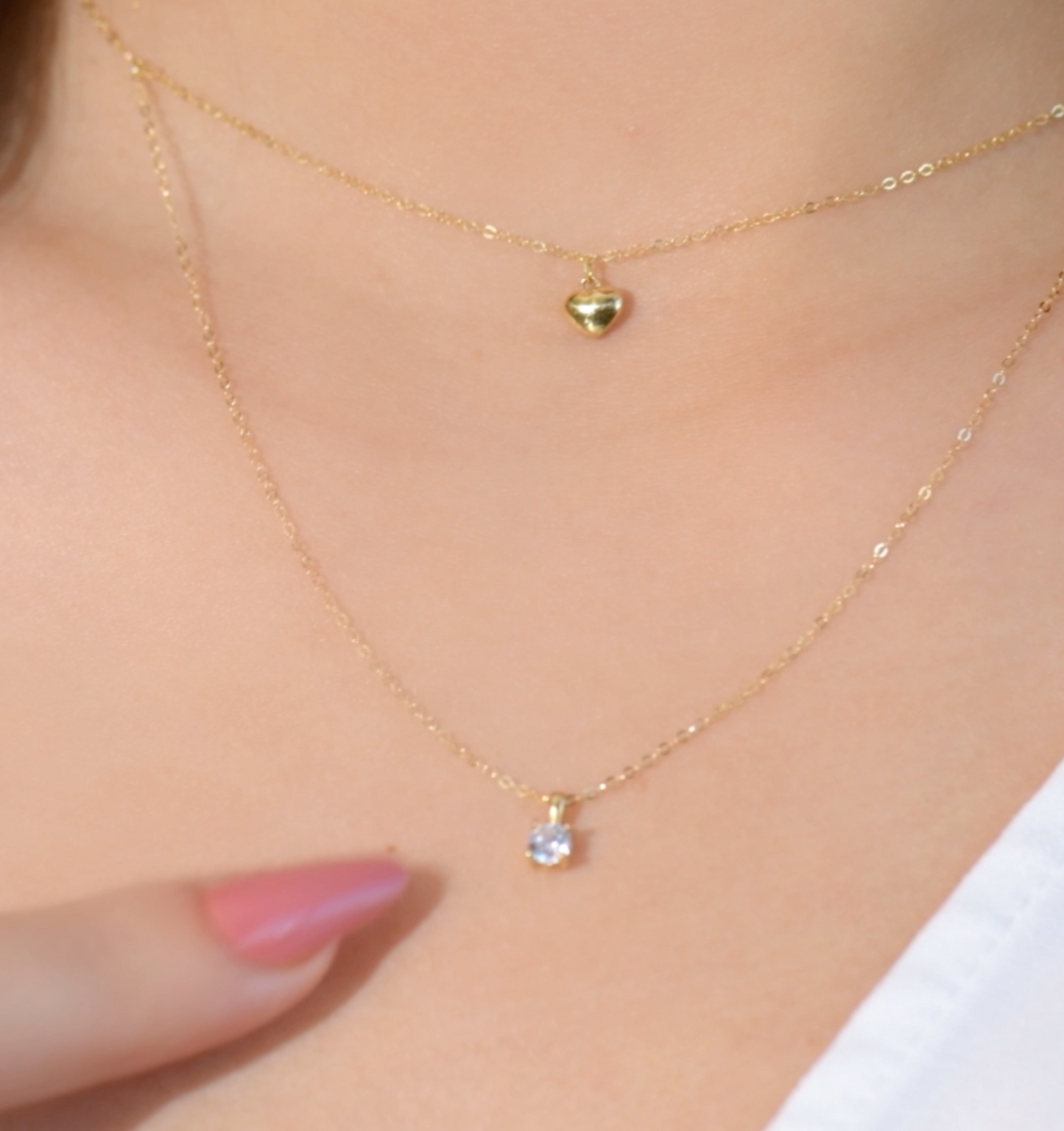 Collier Double en Or 18k - Petit Cœur et Goutte en Or 18k